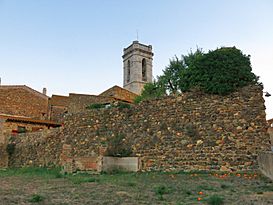 101 Fragment de muralla a l'angle nord-oest del c. del Raval (Cruïlles), al fons el campanar.jpg