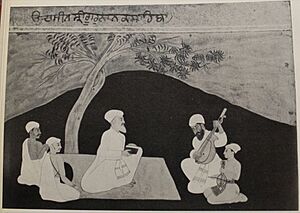 Archivo:Miniature painting of Guru Nanak listening to musicians, circa 1680