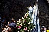 Procesión Virgen con flores y vestido azul