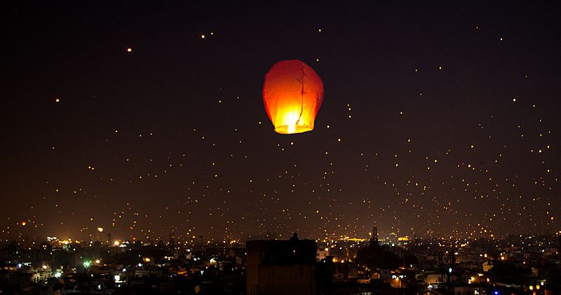 A night lit up on Makar Sankranti Uttarayana Festival with Kites and Lights India