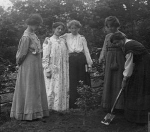 Archivo:Millicent Browne planting tree with Mary Phillips, Vera Wentworth, Elsie Howey and Annie
