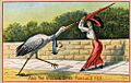 Victorian Postcard - woman hitting stork with parasol