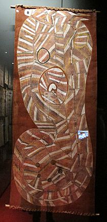 Archivo:Australia, arte aborigena, john mawurndjul, serprente arcobaleno cornuto, 1991