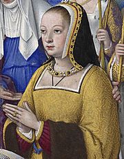 Archivo:BNF - Latin 9474 - Jean Bourdichon - Grandes Heures d'Anne de Bretagne - f. 3r - Anne de Bretagne entre trois saintes (détail)