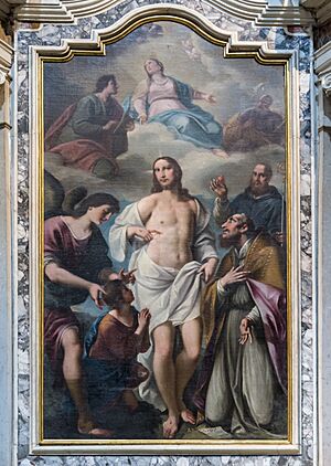 Archivo:Duomo (Verona) - Interior - Nave left part - Cappella Abbazia-Lazzari ‘’the Redeemer between Tobias, the Angel and the Saints Liborio and Francis de Sales’’ by Sante Prunati