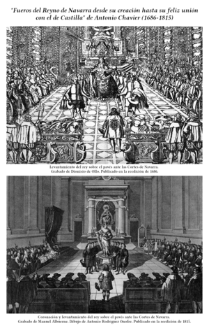 Archivo:Grabados sobre "Levantamiento del rey sobre el pavés ante las Cortes de Navarra"