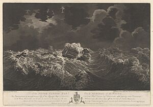 Archivo:Representation of the unfortunate Loss of His Majesty's Ship Stirling Castle - after having been dismasted in the Great Hurricane Octr 6th 1780 - was wrecked near the Silver Keys, off the NE end of Island Hispaniola RMG PY0732