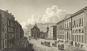Archivo:1806-1820, Voyage pittoresque et historique de l'Espagne, tomo II, Vista de la Puerta del Sol y de la Casa de Correos (cropped)