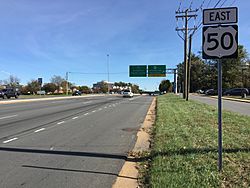 2016-10-28 12 57 06 View east along U.S. Route 50 (Arlington Boulevard) at Gallows Road (Virginia State Secondary Route 650) in Woodburn, Fairfax County, Virginia.jpg