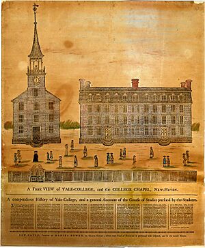 Archivo:A Front View of Yale College and the College Chapel New Haven printed by Daniel Bowen