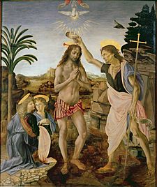 Archivo:Andrea del Verrocchio, Leonardo da Vinci - Baptism of Christ - Uffizi