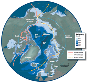 Archivo:Map of the Arctic region showing the Northeast Passage, the Northern Sea Route and Northwest Passage, and bathymetry