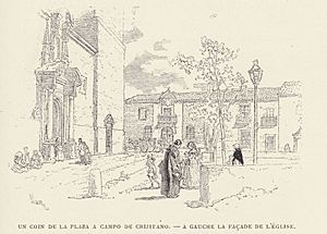 Archivo:1901, Au pays de Don Quichotte, Un coin de la plaza a Campo de Crijitano, a gauche la facade de l'église, Vierge