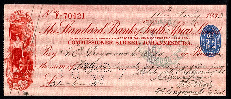 1933 South African cheque