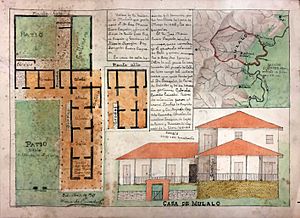 Archivo:Planta, alzado, reseña y ubicación de la Hacienda Mulaló