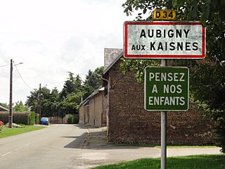 Aubigny-aux-Kaisnes (Aisne) city limit sign.JPG