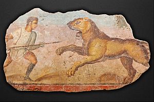 Archivo:Painting from the Amphitheatre. Hunter with lioness - Google Art Project