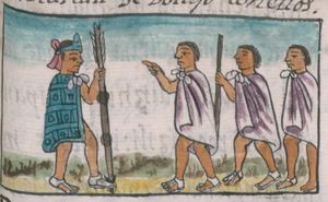 Archivo:Príncipe Moctezuma el Joven llegando al rescate de los mercaderes sitiados en Ayotlan, en el folio 6r del libro IX