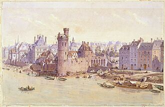 Archivo:La Tour de Nesle et l'Hôtel de Guénégaud (Hôtel de Nevers) en 1650. Composition rétrospective, D.7930