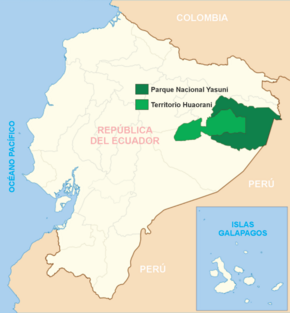 Ubicación del Parque nacional Yasuní (PNY) en verde oscuro y Reserva Étnica Waorani (REW) en verde claro.