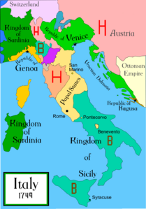 Mapa polityczna Italii 1749