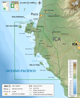 Localización de la isla Zárate al sur de la península de Paracas, en la Reserva nacional de Paracas.