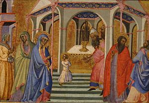 Archivo:Fredi, Bartolo di - 'Presentation of Mary in the Temple, ca. 1360, Tempra & Gilding on wood, 29 x 43 cm
