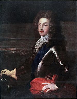 Archivo:Jacobite broadside - Coloured portrait of Prince James as young man1