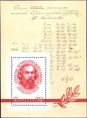 Archivo:The Soviet Union 1969 CPA 3762 sheet of 1 (Mendeleev and Periodic Law)