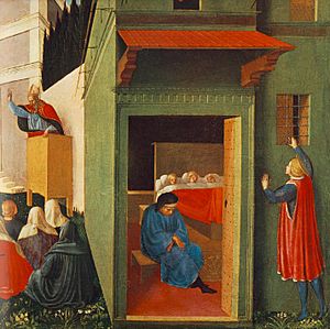 Archivo:Angelico, san nicola done tre palle d'oro a tre fanciulle povere per farle maritare, vaticano