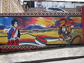 Archivo:Mural niña mestiza, carnaval, paisaje andino