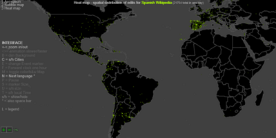 Archivo:Global distribution of Wikipedia edits - Heat map, Spanish