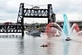 US Navy 060608-N-7783B-003 A Portland fire boat greets the guided-missile frigate USS Ingraham (FFG 61) with red, white and blue water streams as she passes under the Willamette river^rsquo,s Steel Bridge