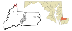 Wicomico County Maryland Incorporated and Unincorporated areas Sharptown Highlighted.svg