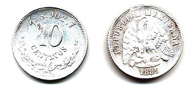 10 centavos de Zacatecas de 1885 (anverso y reverso)