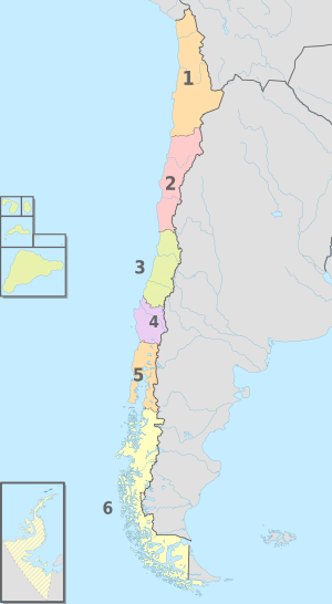 Archivo:Chile (+Antarctica & Islands), administrative divisions (CORFO regions) - Nmbrs - colored 2018