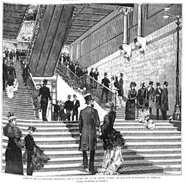 Archivo:Madrid, nuevo Ateneo, aspecto de la escalera principal, en la noche del 31 de enero último, en que fue inaugurado el edificio, dibujo del natural por Alcázar