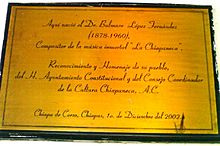 Placa conmemorativa del nacimiento del compositor chiapaneco Bulmaro Lopez Fernandez..JPG
