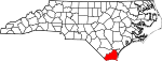 Mapa de Carolina del Norte con la ubicación del condado de Brunswick