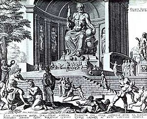 Grabado de 1572 de la estatua de Zeus en Olimpia. En el año 394, fue transportada a Constantinopla (actual Estambul), donde se dice que fue destruida por un incendio.