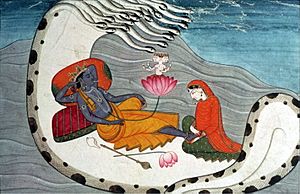 Archivo:Vishnu and Lakshmi on Shesha Naga, ca 1870