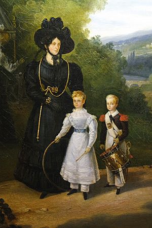 Archivo:La duchesse de Gontaut, gouvernante des Enfants de France, promenant Louise d’Artois et son frère, Henri, duc de Bordeaux, dans les jardins de Saint-Cloud.