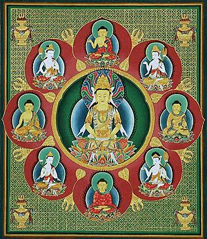 Mandala budista del Buda Vairochana rodeado de ocho adibuddhas y bodhisattvas.