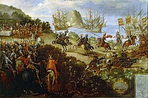 Archivo:Arrival of Cortés in Veracruz and Reception by Moctezuma's Ambassadors Painting