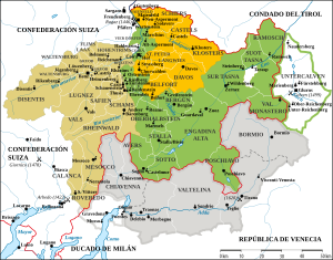 Las Tres Ligas grisonas y sus territorios sometidos. Se observa la estratégica situación del territorio entre el Milanesado, el Tirol, la condeferación suiza y la república veneciana.                      Frontera suiza moderna                      Fronteras jurisdiccionales Tres ligas:      Liga Gris (1424-)      Liga de las Diez Jurisdicciones (1436-)      Liga de la Casa de Dios (1367-)      Zonas sometidas a las Tres Ligas (1512-1620, 1639-1797) Zonas perdidas antes de 1797: * Untercalven: perdida de 1616 * Tre Pievi: 1512-1524