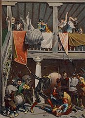 Archivo:1879, El ingenioso hidalgo D. Quijote de la Mancha, Toda la venta eran llantos, voces, gritos, Mestres (cropped)
