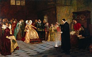 Archivo:John Dee performing an experiment before Queen Elizabeth I. Wellcome L0021973