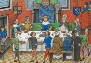 Archivo:John of Gaunt, Duke of Lancaster dining with the King of Portugal - Chronique d' Angleterre (Volume III) (late 15th C), f.244v - BL Royal MS 14 E IV