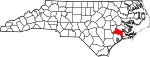 Mapa de Carolina del Norte con la ubicación del condado de Jones