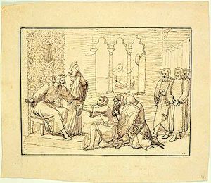 Archivo:Pau Milà, Estudi preparatori d’Els sicilians en l’acte de presentació del guant de Conradí a Pere III d’Aragó